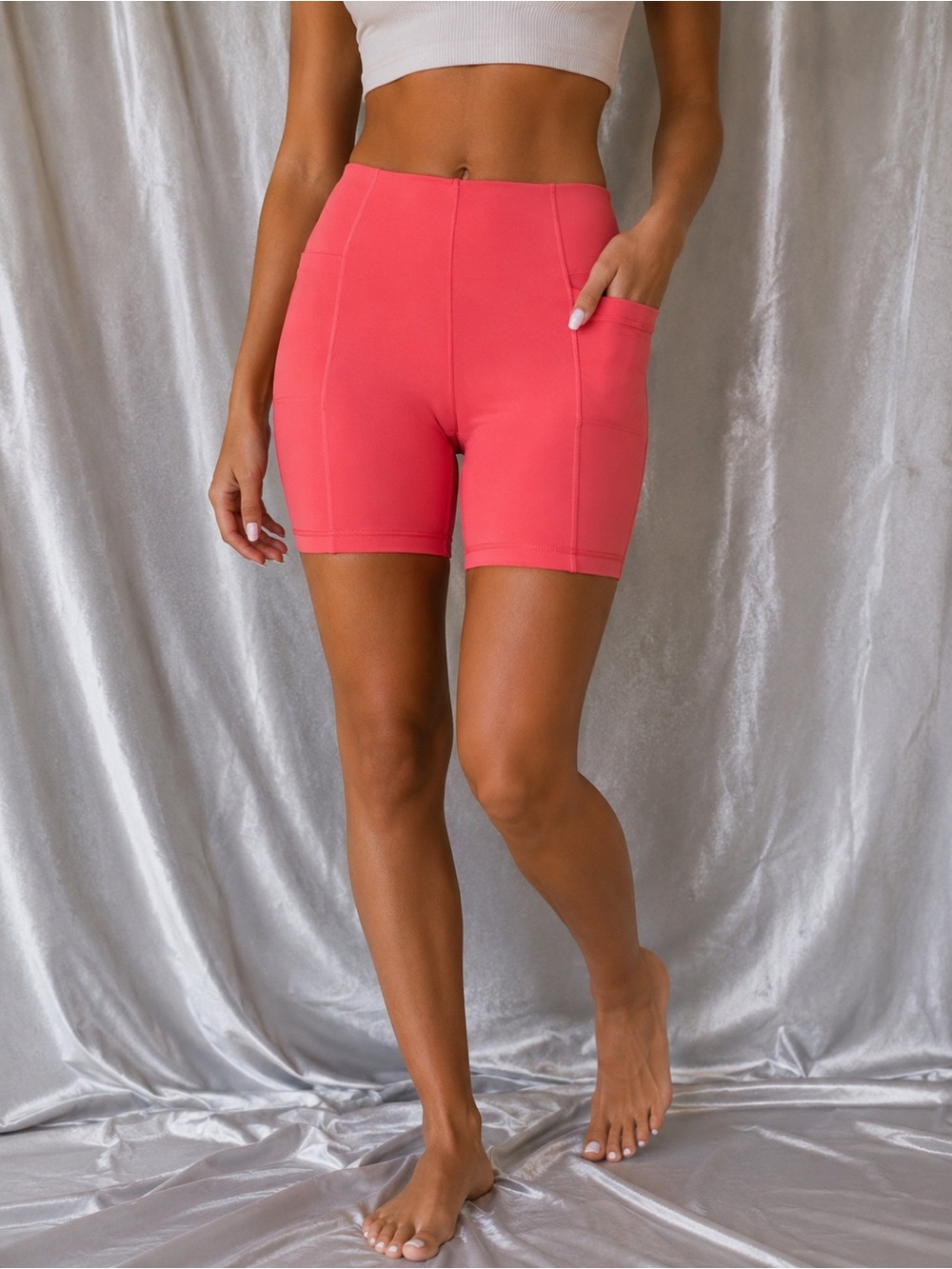 OFFLINE By Aerie Women’s High Waisted Biker Shorts Pink Coral Side Pockets Small